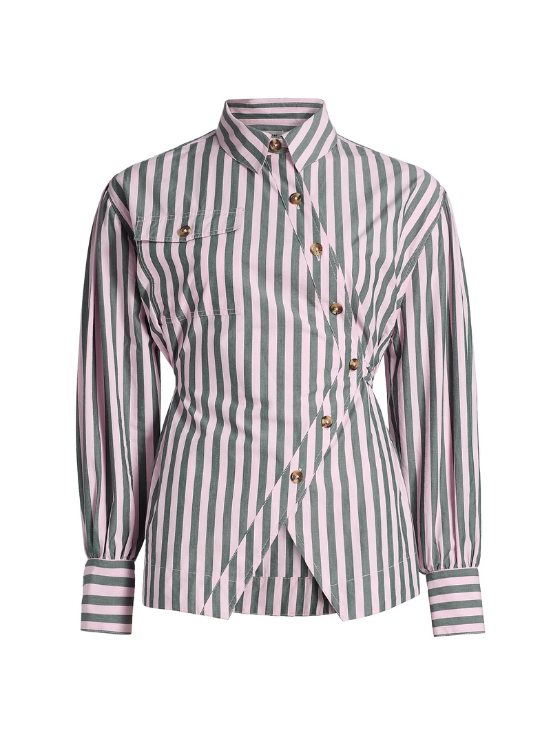 Striped Asymmetric Button-Front Cinched Waist Shirt
