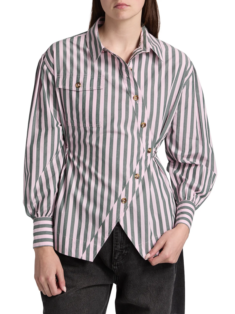 Striped Asymmetric Button-Front Cinched Waist Shirt