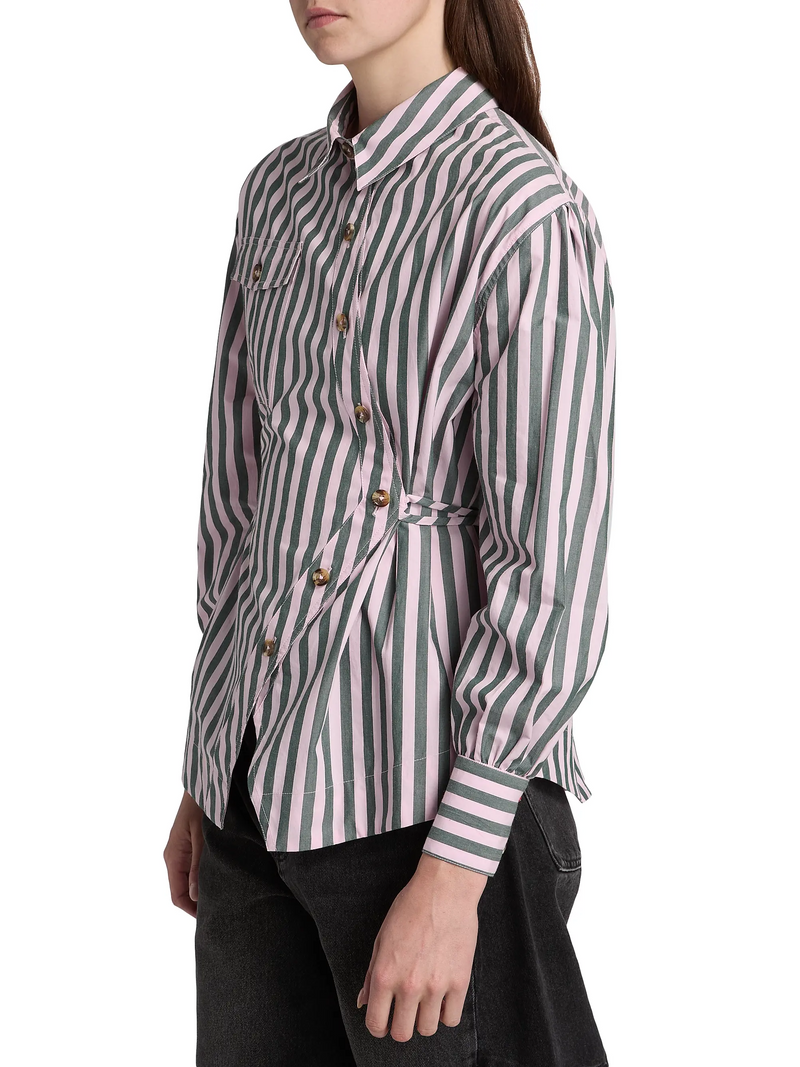 Striped Asymmetric Button-Front Cinched Waist Shirt