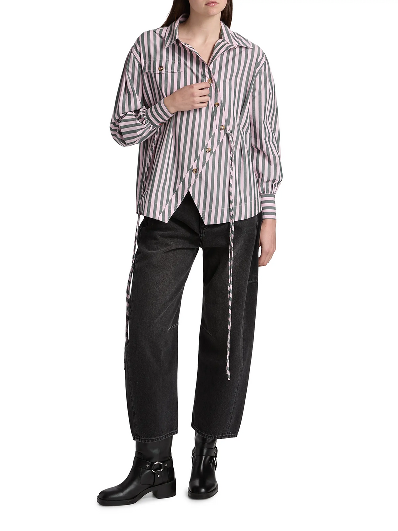 Striped Asymmetric Button-Front Cinched Waist Shirt