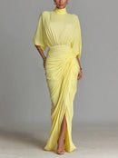 Elegant High-neck Half-sleeve Pleated Maxi Dress