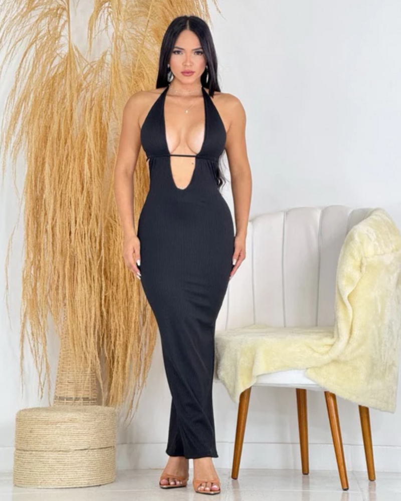 Vestido Longo Canelado Decote V