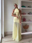 Tulle Hanging  Neck Panel Evening Gown