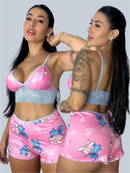 Baby Doll Stitch Estampado Cropped C/ Renda