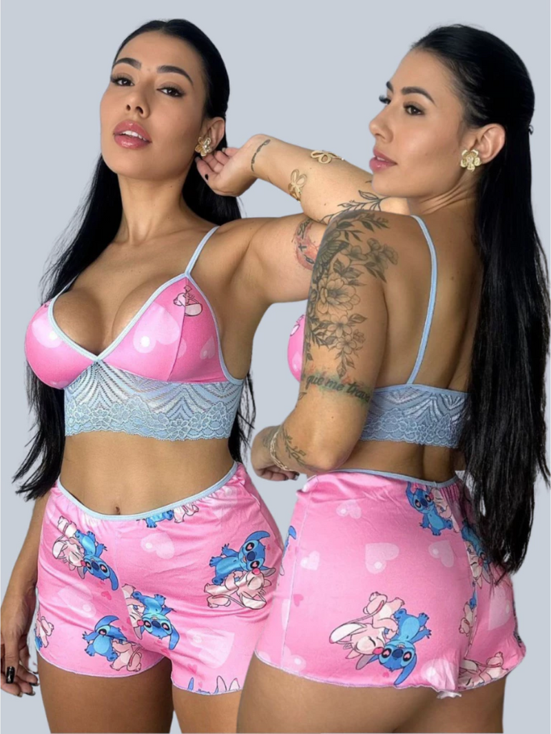 Baby Doll Stitch Estampado Cropped C/ Renda