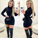 Vestido Manga Longa Canelado Gola Midi Tubinho