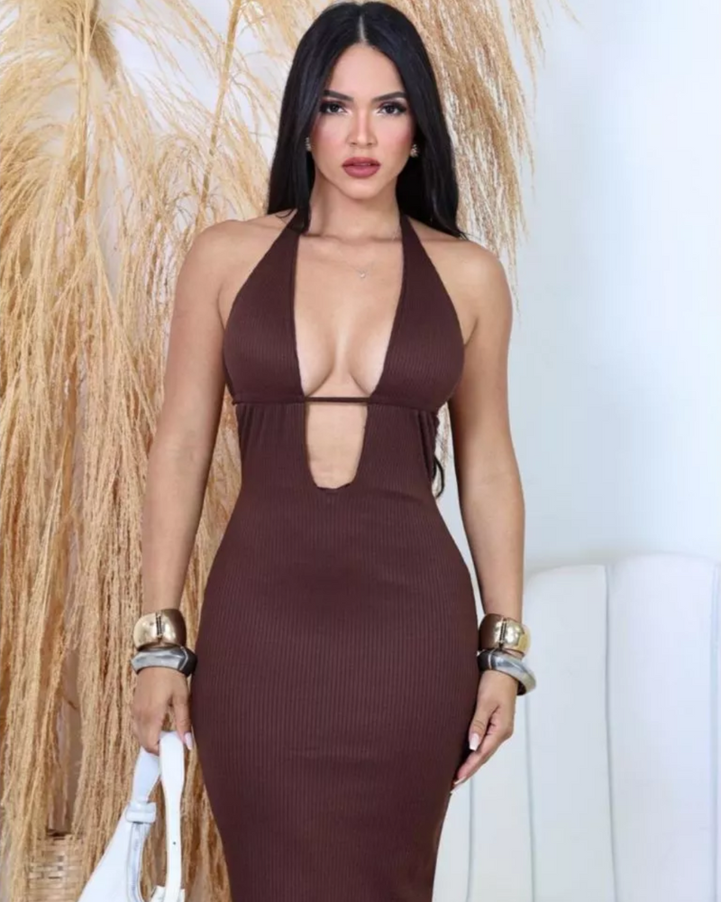 Vestido Longo Canelado Decote V