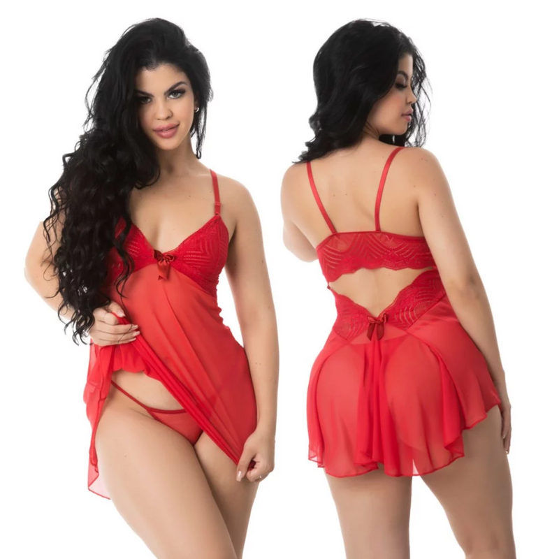 Camisola Sexy Tule Transparente Decote Costas Com Calcinha