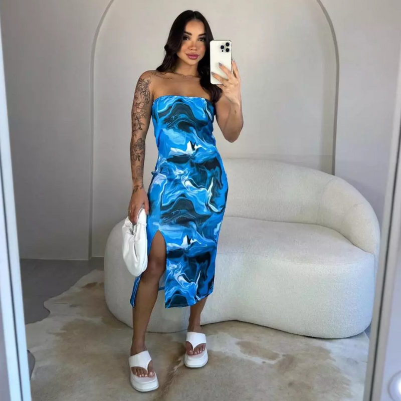 Vestido Estampado Tie Dye Com Fenda Midi Ribana