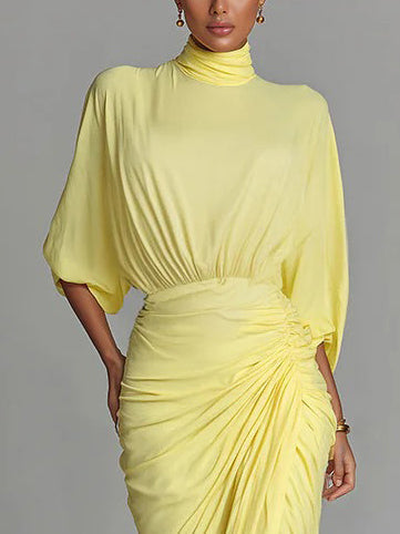 Elegant High-neck Half-sleeve Pleated Maxi Dress
