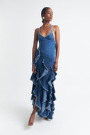 Bohemian Style Ruffled Denim Maxi Dress