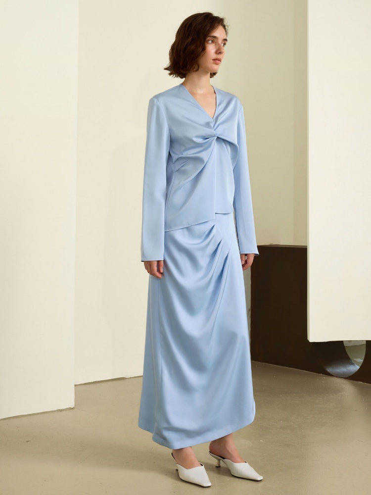 V-Neck Knot Blouse & Skirt Ensemble