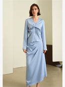V-Neck Knot Blouse & Skirt Ensemble