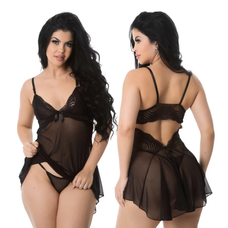 Camisola Sexy Tule Transparente Decote Costas Com Calcinha