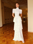 Elegant Puff Sleeve Tiered Chiffon Maxi Dress