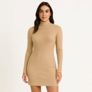 Vestido Manga Longa Canelado Gola Midi Tubinho