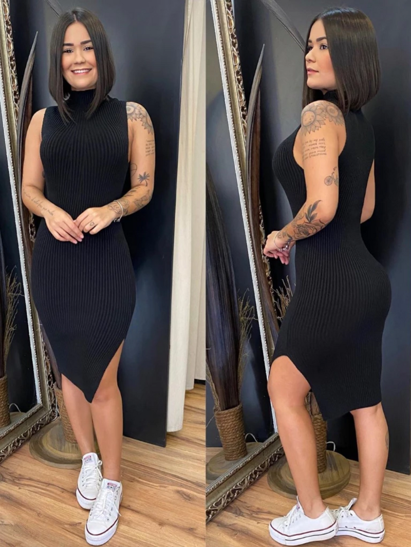 Vestido Luana Midi Com Fenda Lateral Malha Canelada