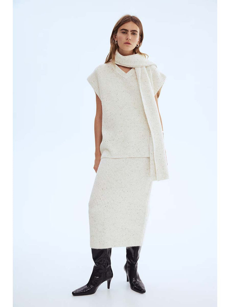 Minimalist Cream Knit Midi Skirt Set