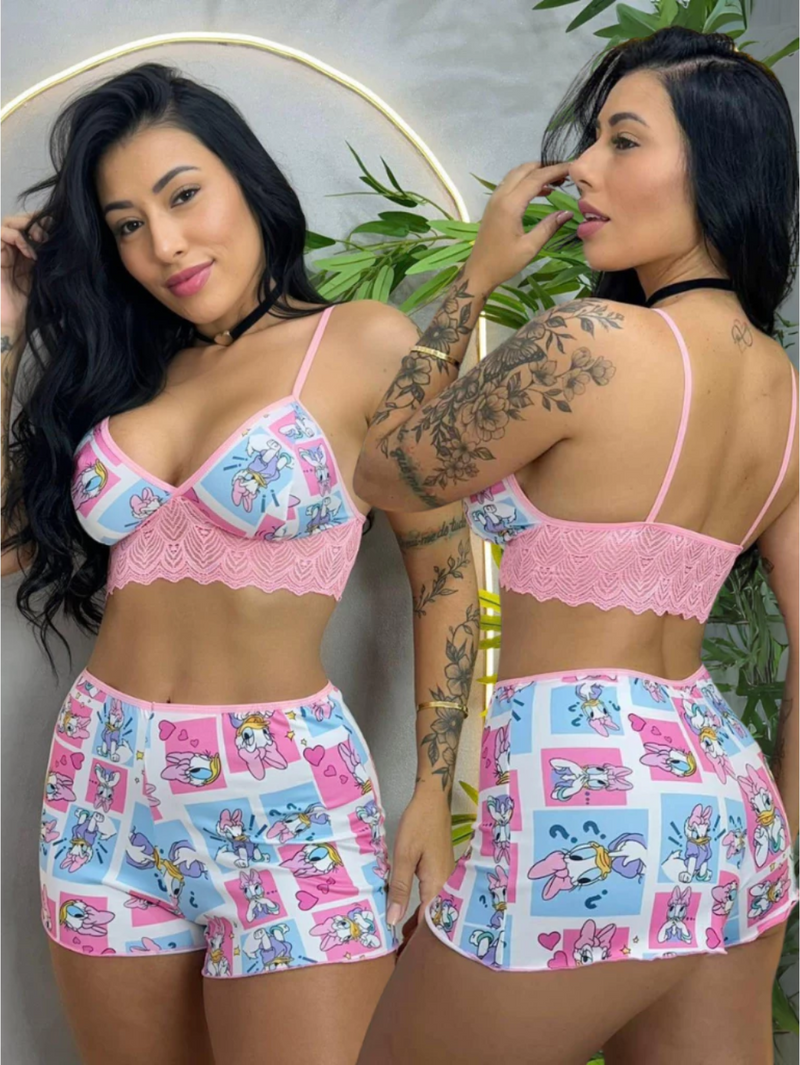 Baby Doll Stitch Estampado Cropped C/ Renda