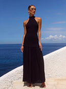 Tulle Hanging  Neck Panel Evening Gown