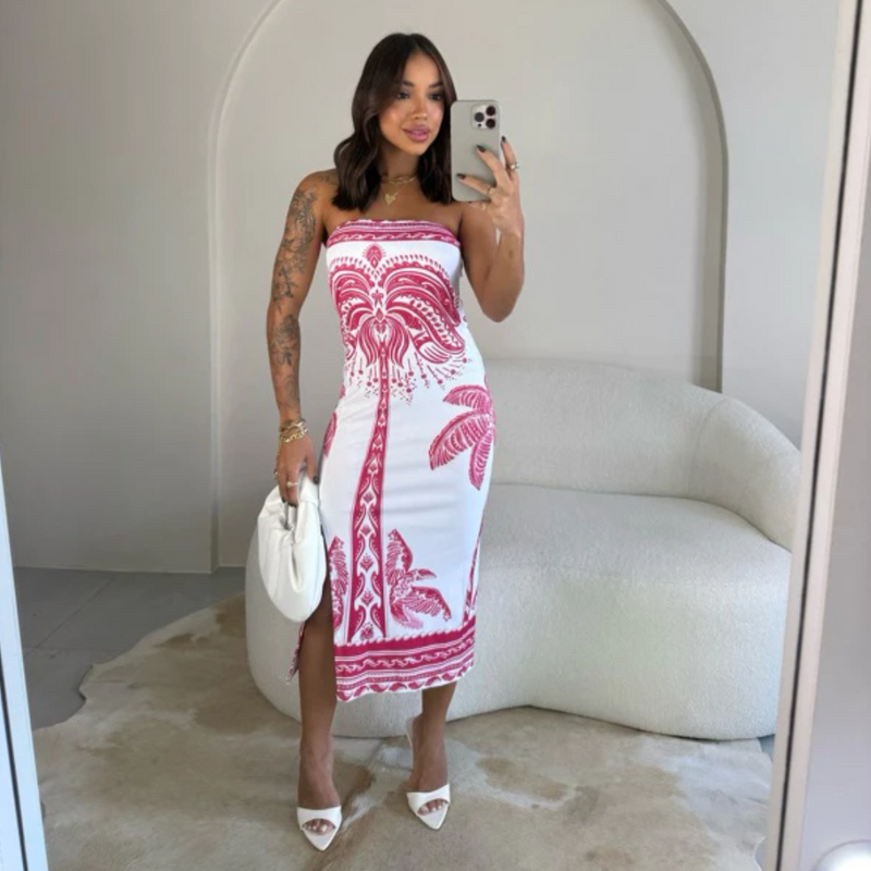 Vestido Estampado Luxo Tomara Que Caia Com Fenda Mídi Ribana