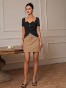 Tailored Button-Front Straight Mini Skirt