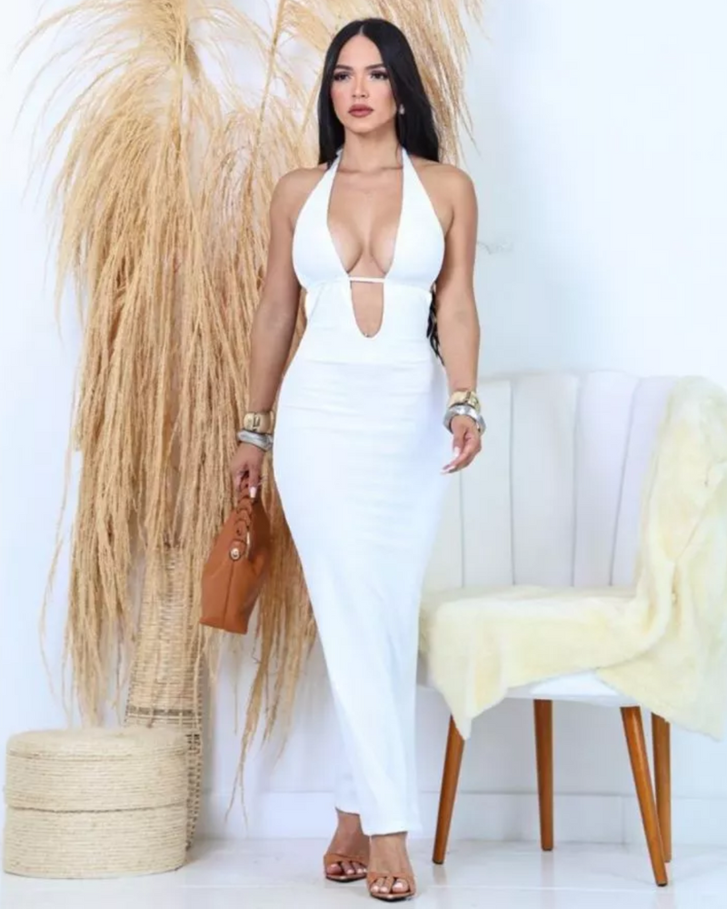 Vestido Longo Canelado Decote V