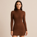 Vestido Manga Longa Canelado Gola Midi Tubinho