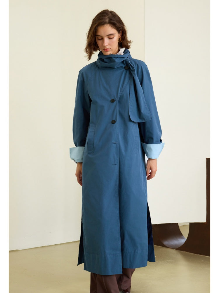 Scarf-Collar Cotton Trench Coat