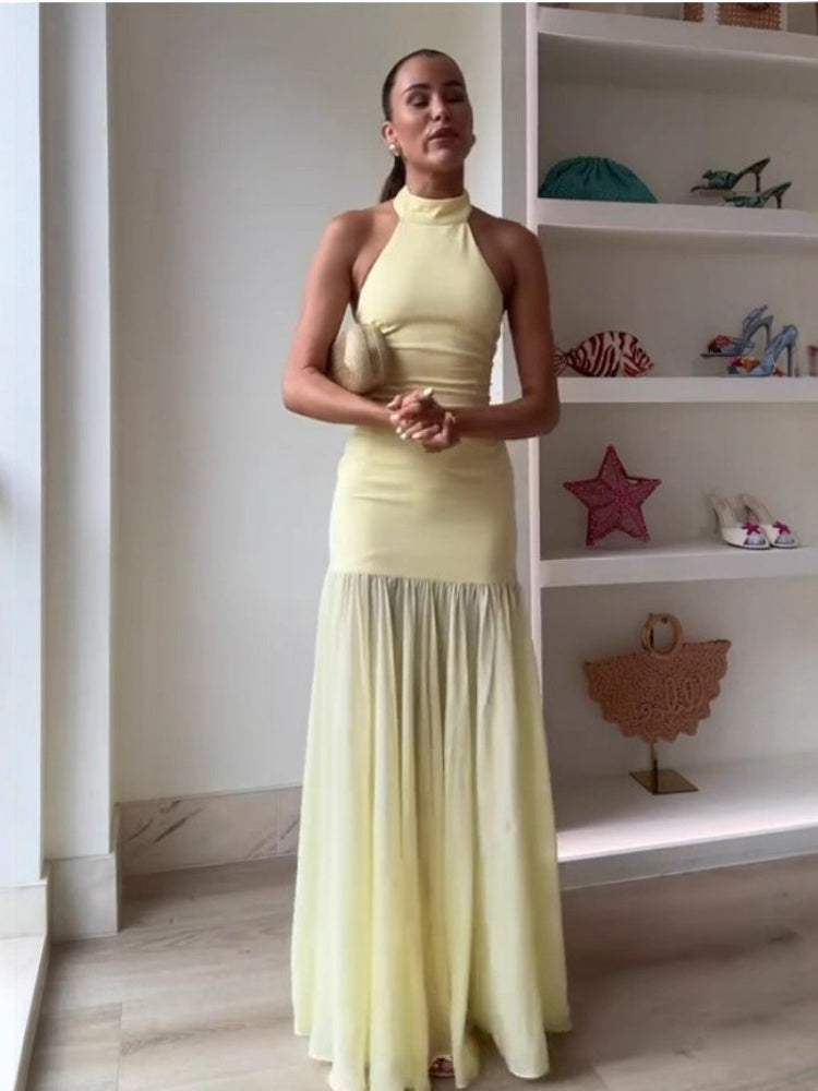 Tulle Hanging  Neck Panel Evening Gown