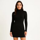 Vestido Manga Longa Canelado Gola Midi Tubinho