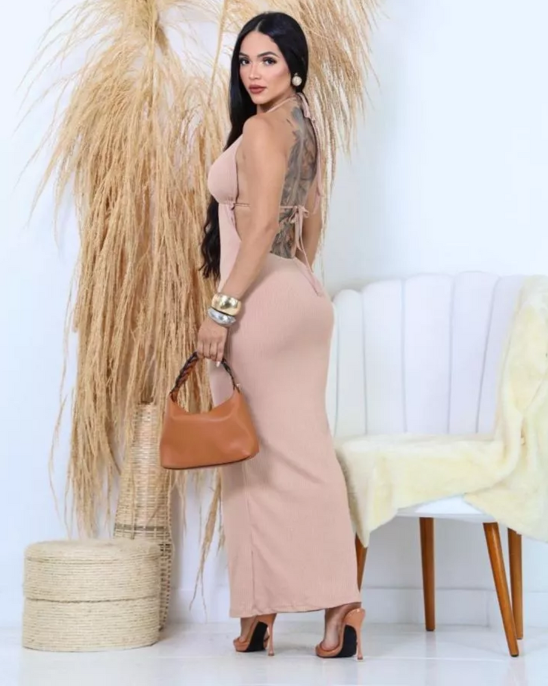 Vestido Longo Canelado Decote V