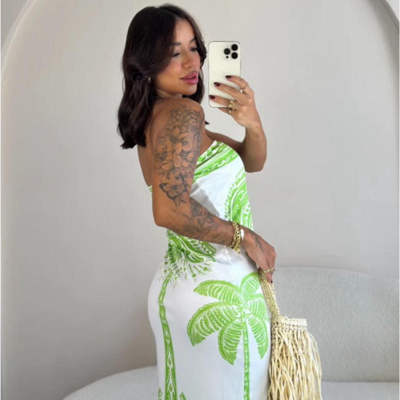 Vestido Estampado Luxo Tomara Que Caia Com Fenda Mídi Ribana