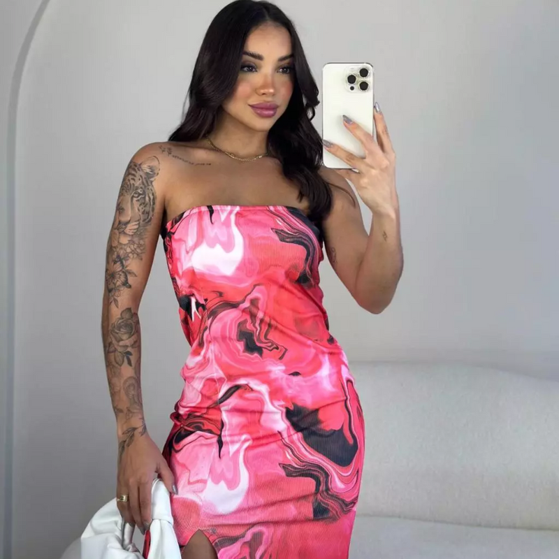 Vestido Estampado Tie Dye Com Fenda Midi Ribana