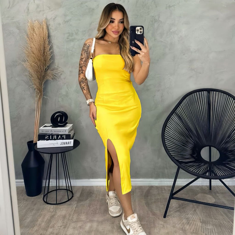 Vestido Carol Tomara que Caia com Fenda Midi