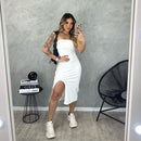 Vestido Carol Tomara que Caia com Fenda Midi