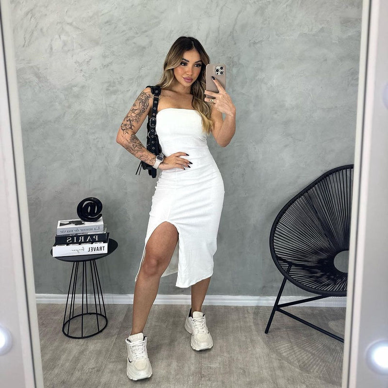 Vestido Carol Tomara que Caia com Fenda Midi