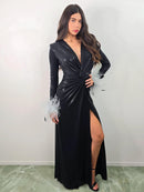 Shiny Feather Cuffs Side Slit Maxi Dress