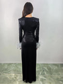 Shiny Feather Cuffs Side Slit Maxi Dress