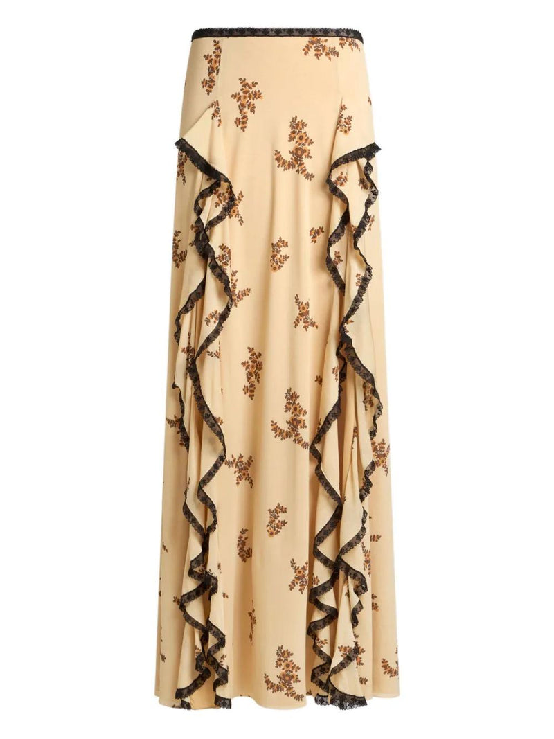 Floral Printed Ruffled Lace Trim Maxi Skirt