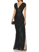 Sheer Mesh Ruched Side Slit Maxi Dress