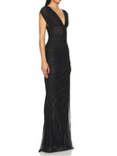 Sheer Mesh Ruched Side Slit Maxi Dress