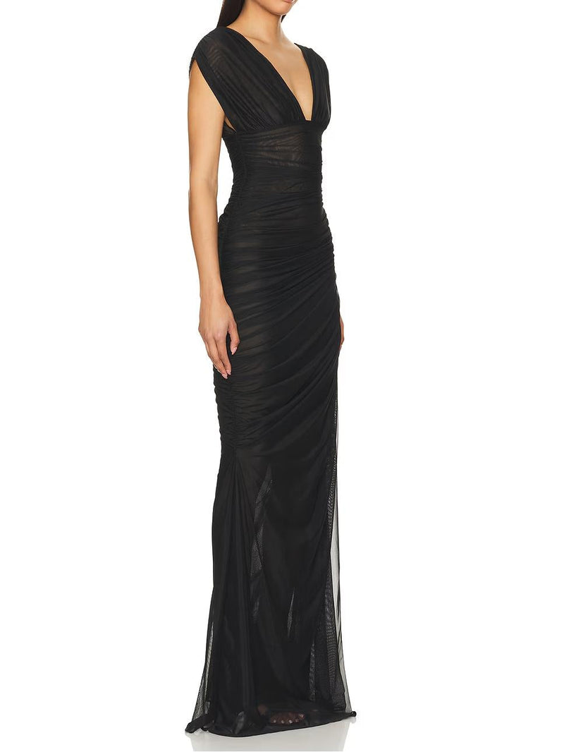 Sheer Mesh Ruched Side Slit Maxi Dress