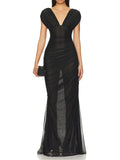 Sheer Mesh Ruched Side Slit Maxi Dress
