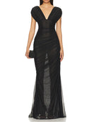 Sheer Mesh Ruched Side Slit Maxi Dress