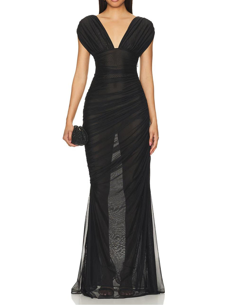 Sheer Mesh Ruched Side Slit Maxi Dress