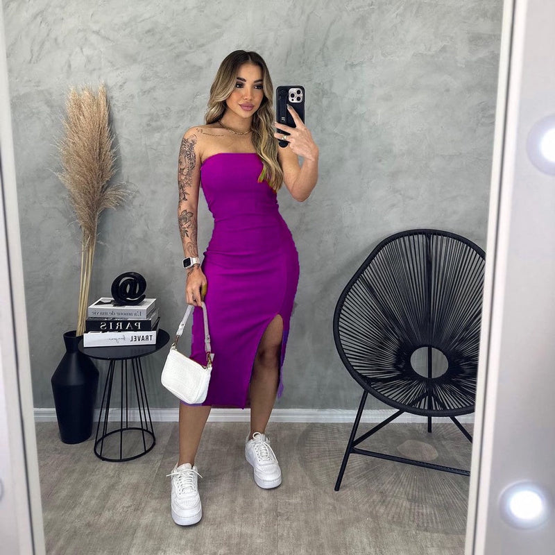 Vestido Carol Tomara que Caia com Fenda Midi