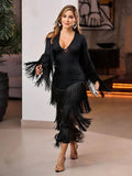 Deep V - Neck Fringe Midi Dress