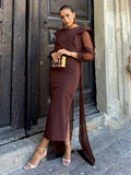 Chocolate Sheer Organza Tie Maxi Dress