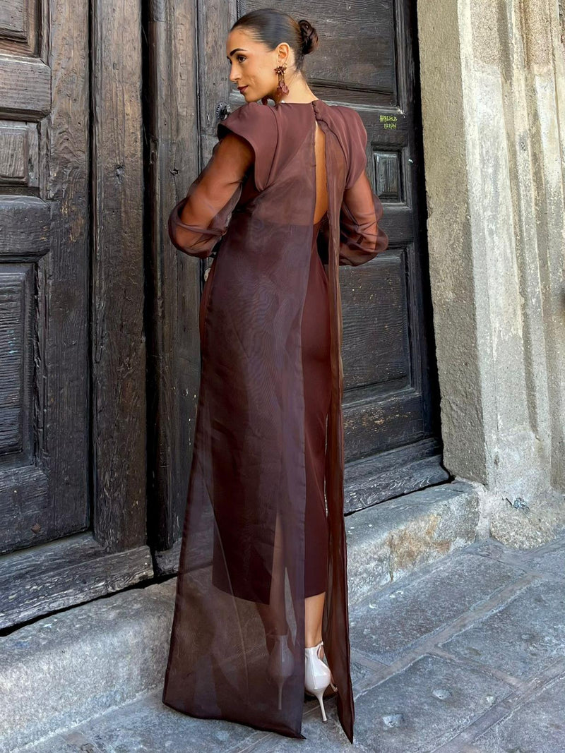 Chocolate Sheer Organza Tie Maxi Dress